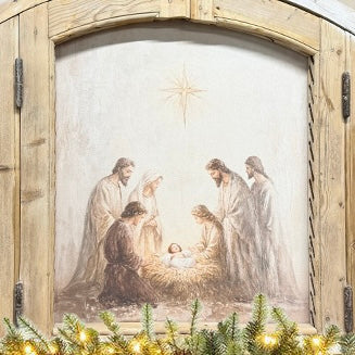 Nativity in Antique Wooden Arched Window Frame