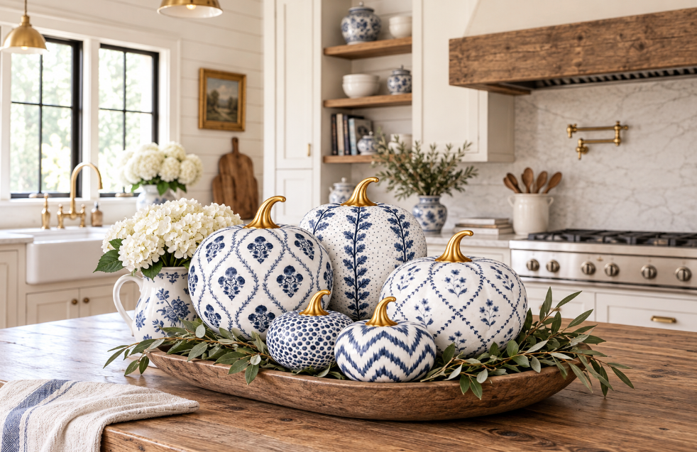A styled arrangement of decorative pumpkins with blue and white geometric patterns and gold stems, displayed on a wooden tray in a bright, modern farmhouse kitchen.