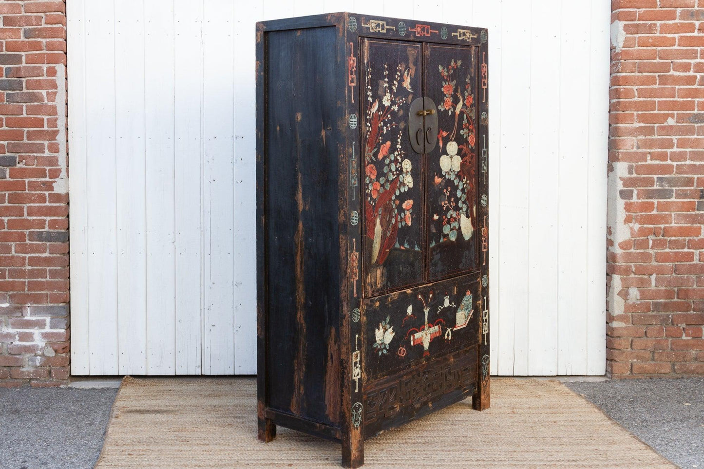Antique Black & Floral Chinoiserie Armoire-Antique Cabinet-tbgypsysoul