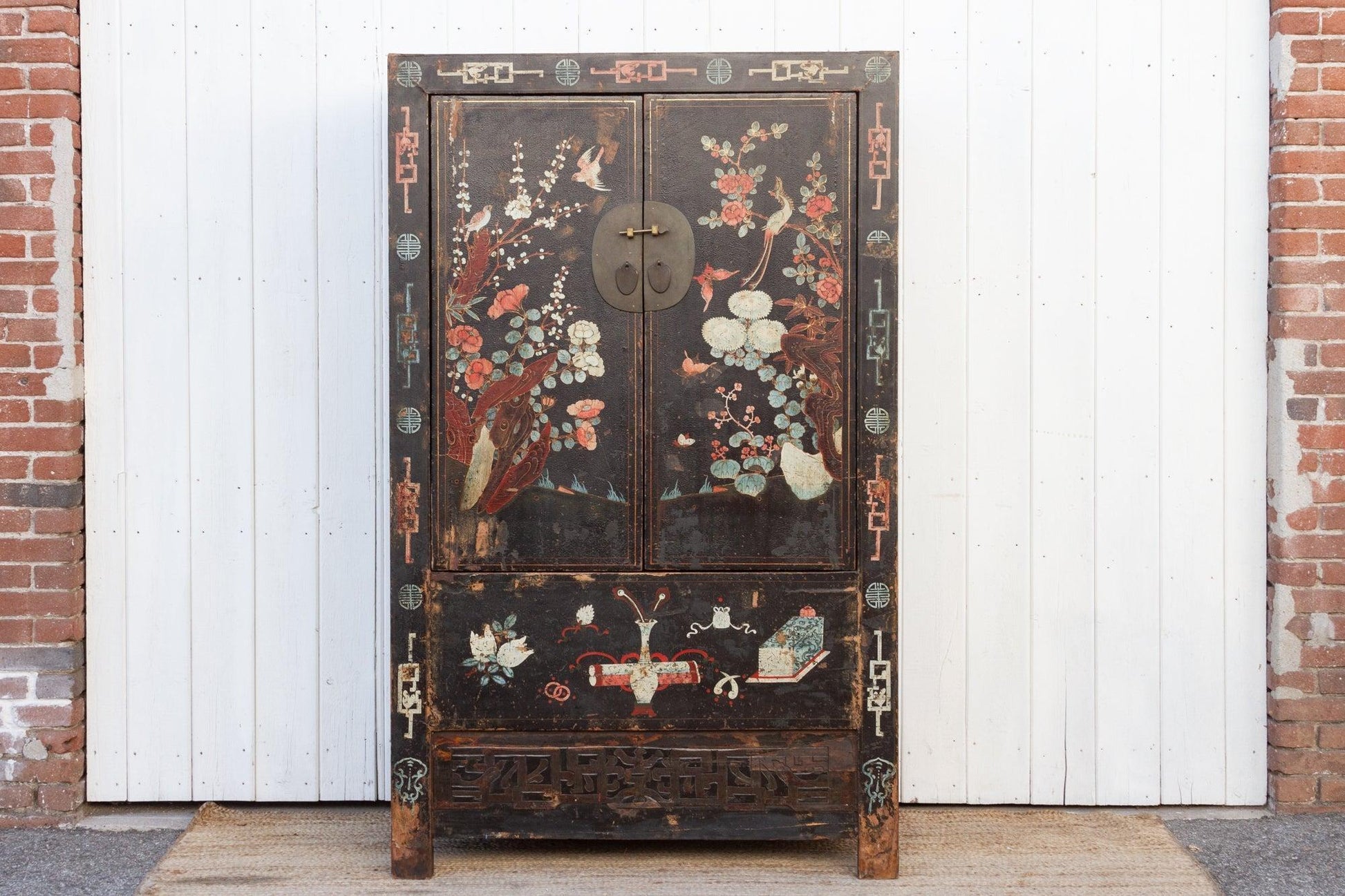 Antique Black & Floral Chinoiserie Armoire-Antique Cabinet-tbgypsysoul