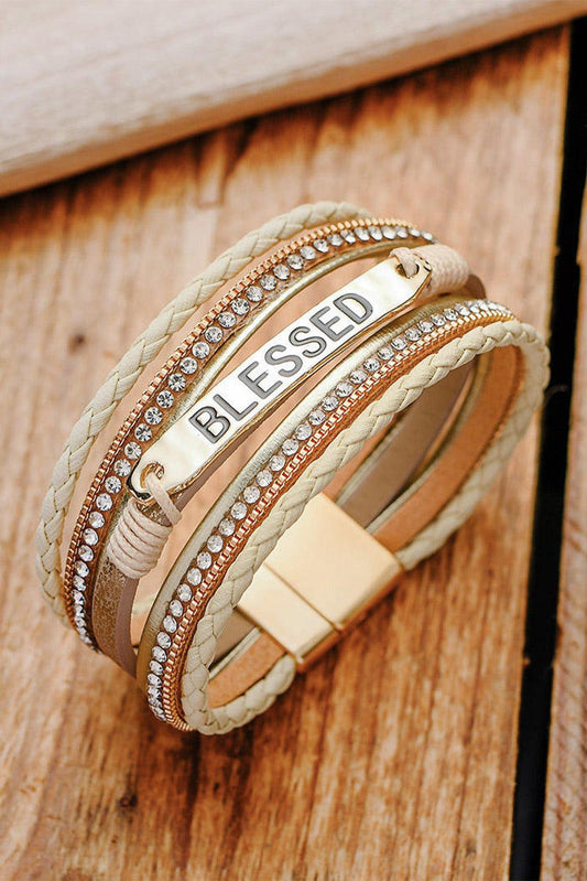 Beige BLESSED Rhinestone Braided Detail Buckle Bracelet-Accessories/Jewelry-tbgypsysoul