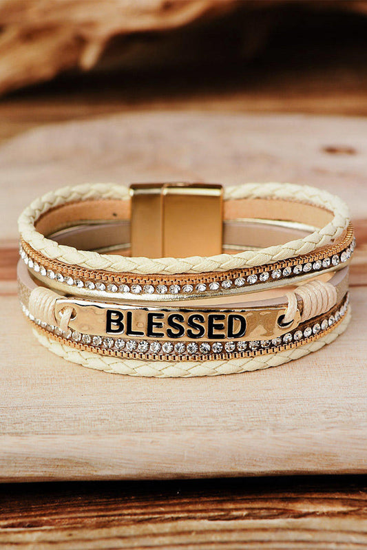 Beige BLESSED Rhinestone Braided Detail Buckle Bracelet-Accessories/Jewelry-tbgypsysoul