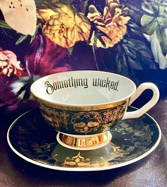 Black Nouveau Something Wicked Insult Teacup and Saucer by Miss Havisham-tea cup-tbgypsysoul