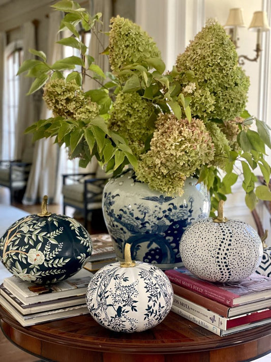 Chinoiserie Pumpkin Bundle – Hand-Painted Metal Pumpkins in Elegant Designs-tbgypsysoul
