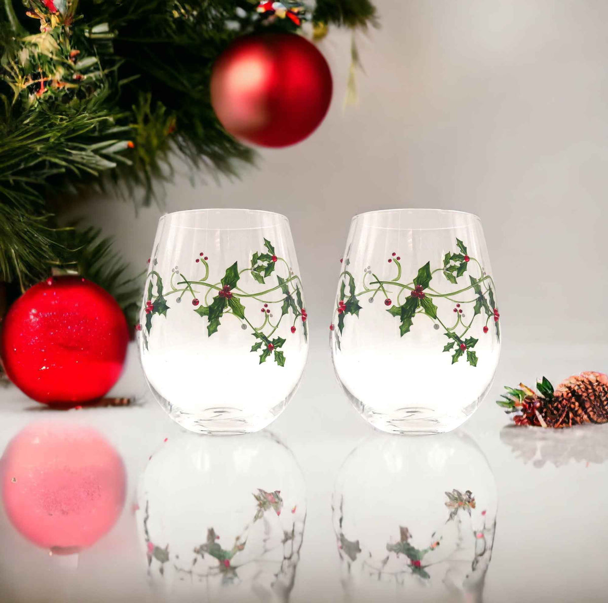 Christmas Holly Stemless Wine Glasses-Wine Glasses > Stemless > Painted & Jeweled-tbgypsysoul