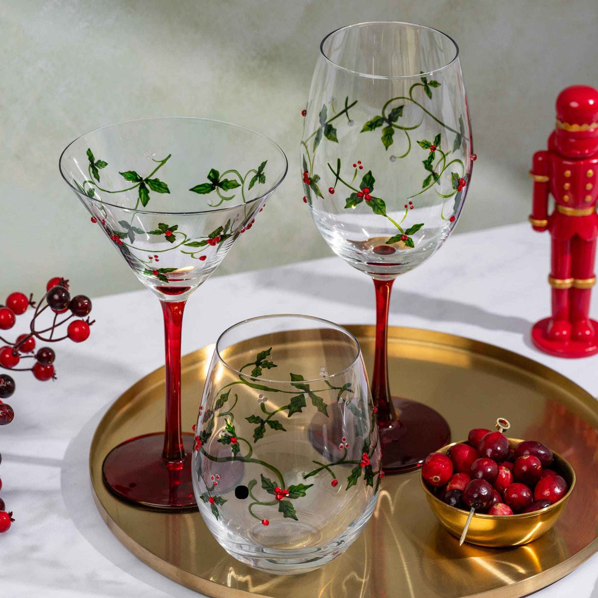 Christmas Holly Stemless Wine Glasses-Wine Glasses > Stemless > Painted & Jeweled-tbgypsysoul