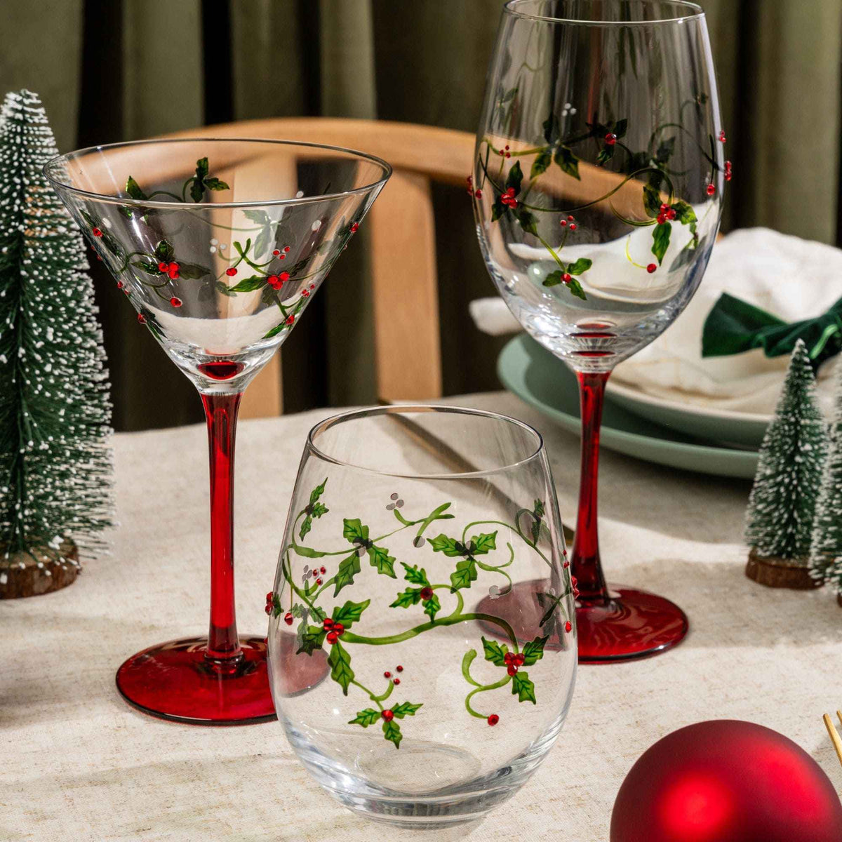 Christmas Holly Stemless Wine Glasses-Wine Glasses > Stemless > Painted & Jeweled-tbgypsysoul