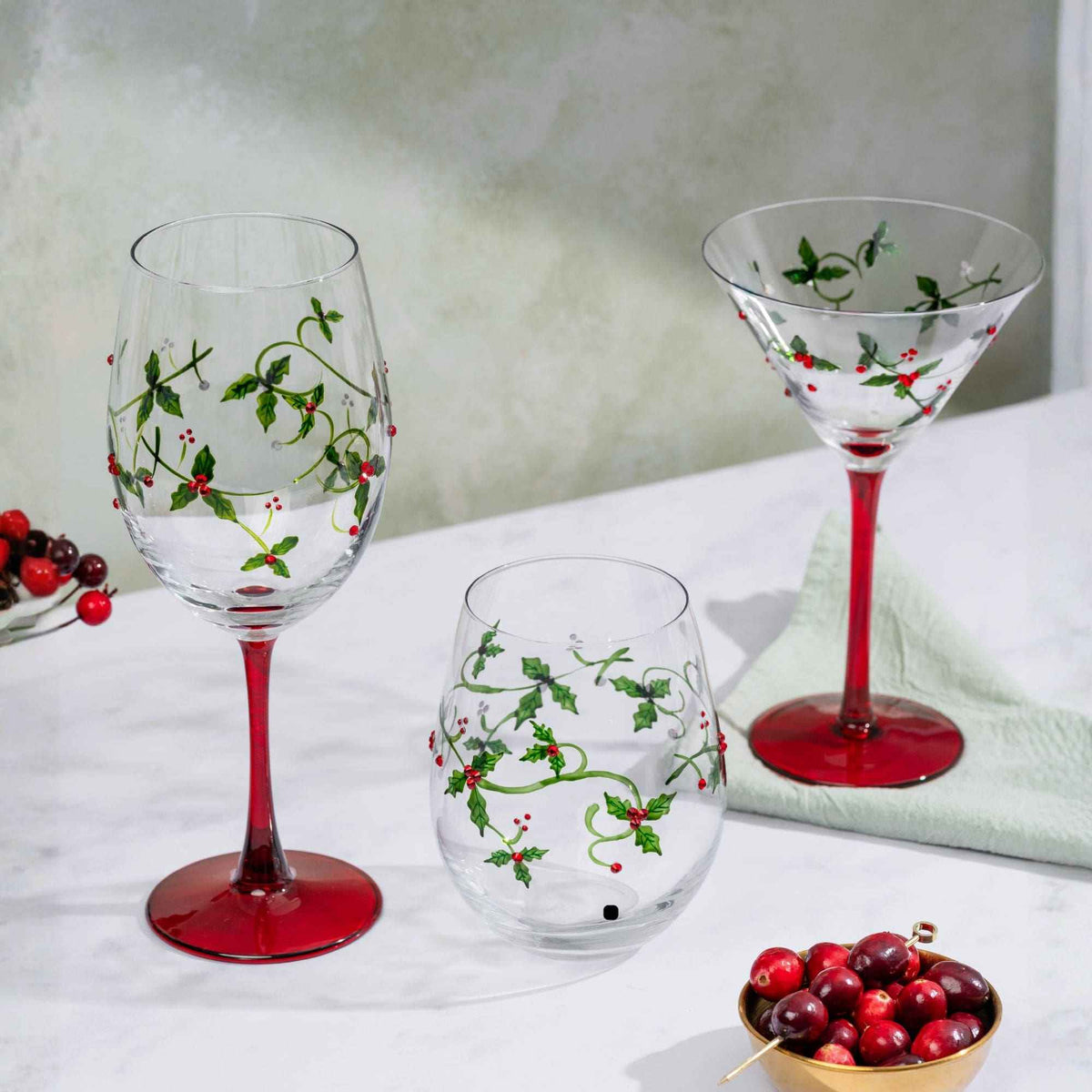 Christmas Holly Stemless Wine Glasses-Wine Glasses > Stemless > Painted & Jeweled-tbgypsysoul