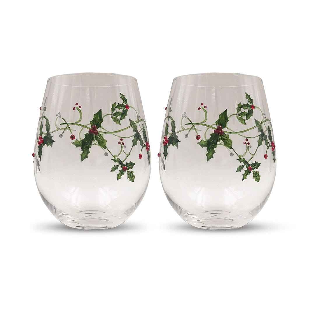 Christmas Holly Stemless Wine Glasses-Wine Glasses > Stemless > Painted & Jeweled-tbgypsysoul