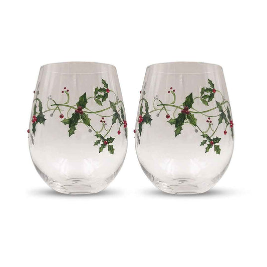 Christmas Holly Stemless Wine Glasses-Wine Glasses > Stemless > Painted & Jeweled-tbgypsysoul