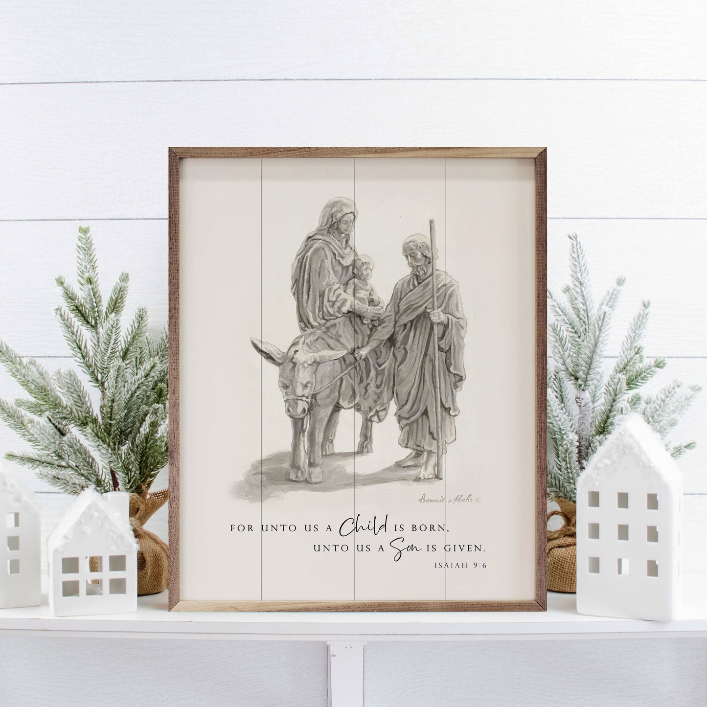 For Unto Us A Child Is Born Isaiah 9 6 White By Bonnie Mohr-Walnut Frames-tbgypsysoul
