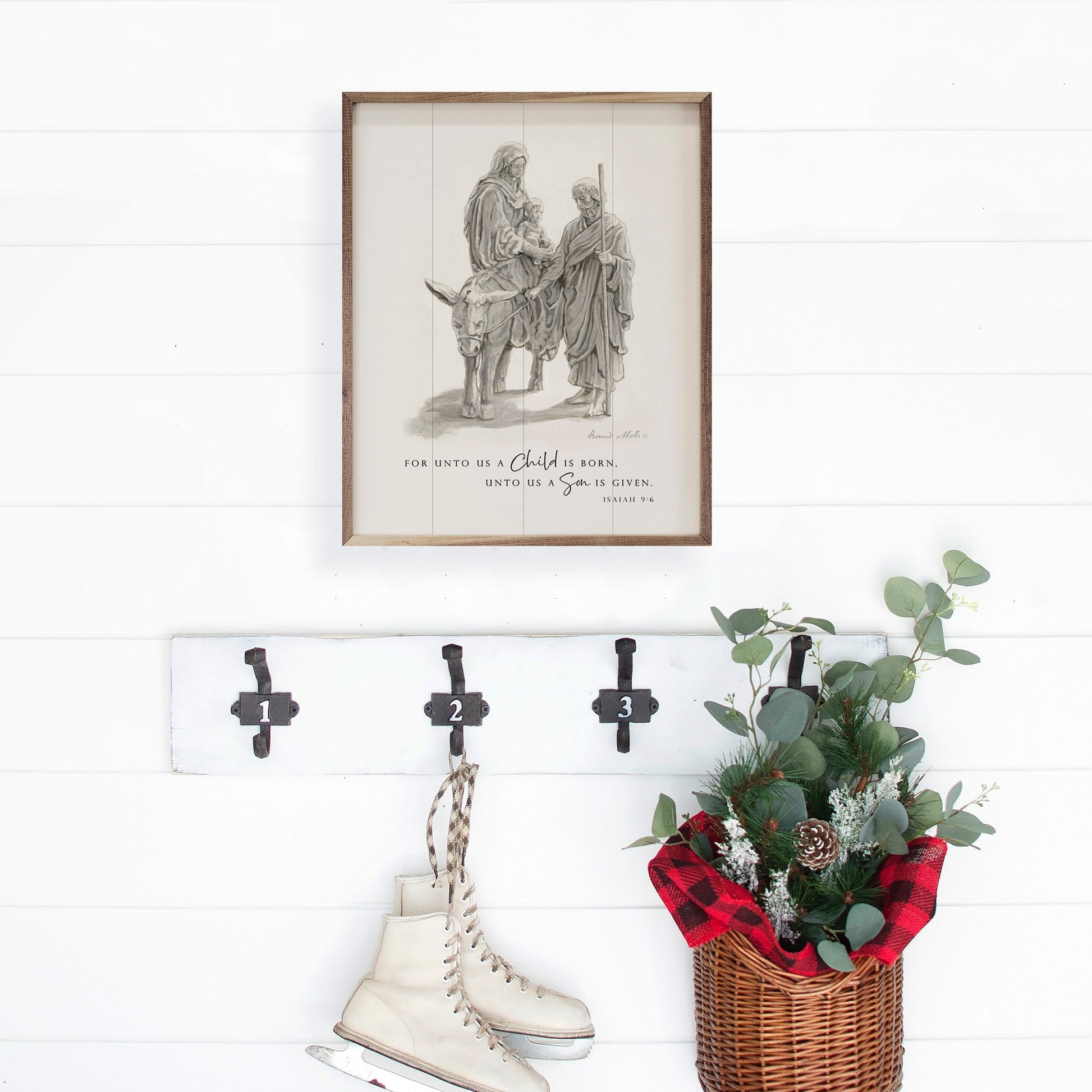 For Unto Us A Child Is Born Isaiah 9 6 White By Bonnie Mohr-Walnut Frames-tbgypsysoul