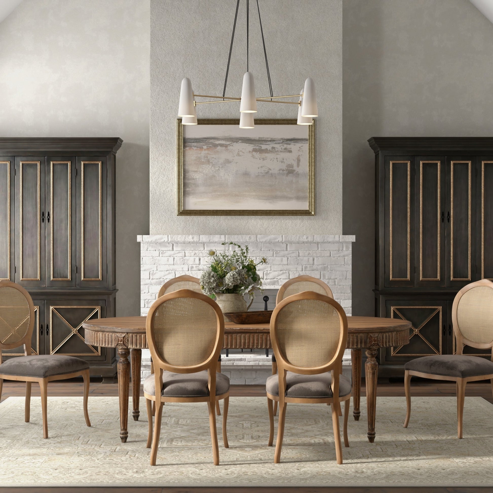 Dining room with wooden table and chairs, large windows, and a fireplace.