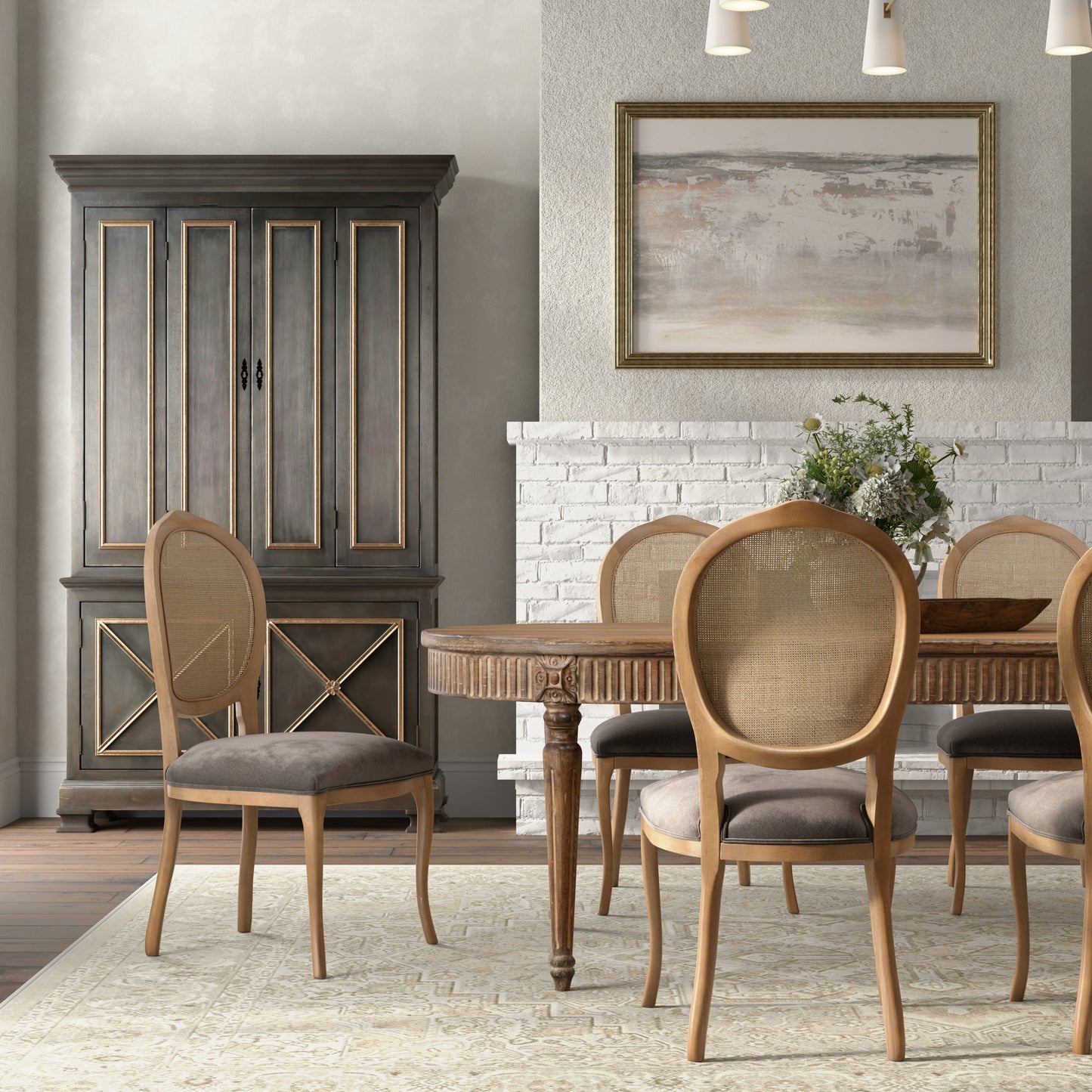 Dining room with wooden table and chairs, gray cabinet, and framed artwork on the wall.