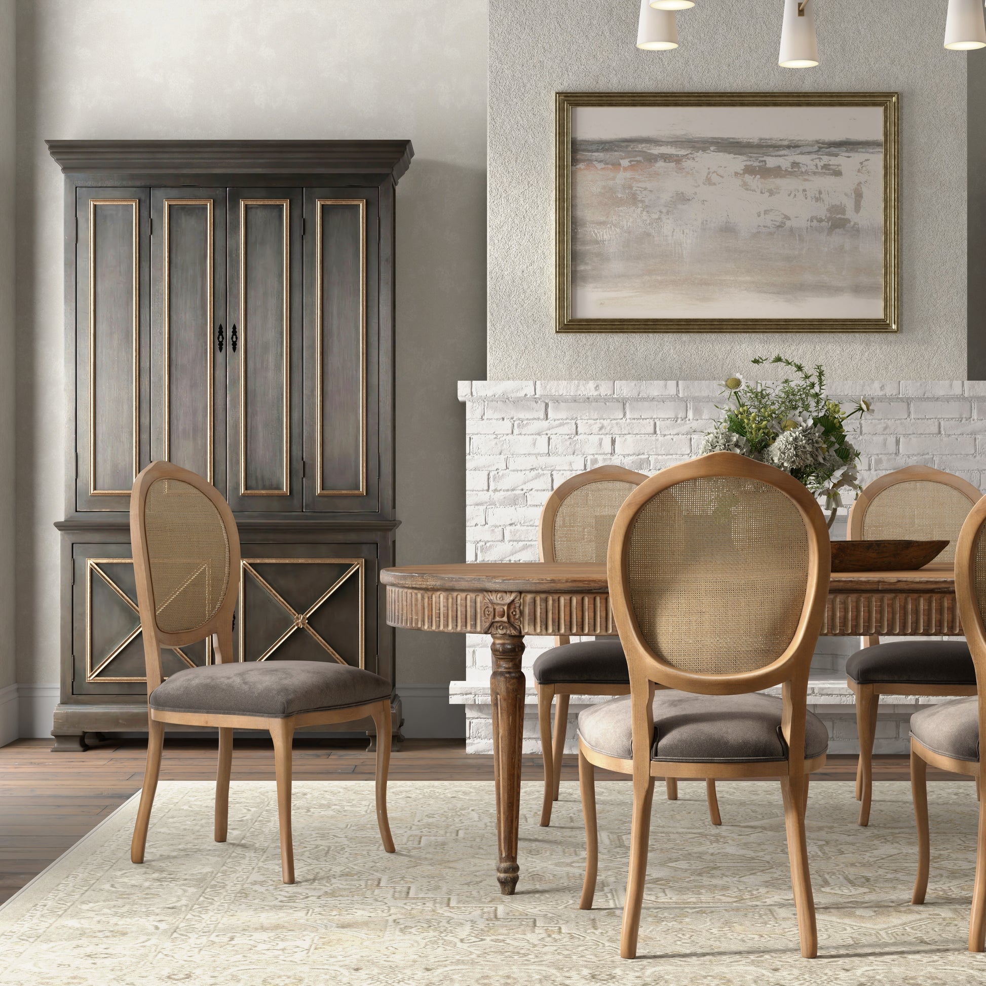 Dining room with wooden table and chairs, gray cabinet, and framed artwork on the wall.