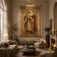 Luxurious living room with classical decor, including a large portrait on the wall.