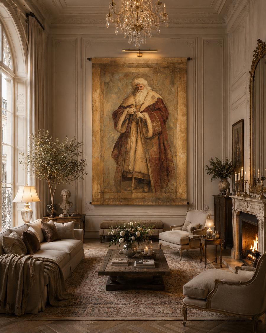 Luxurious living room with classical decor, including a large portrait on the wall.