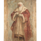 A vertical wall tapestry or scroll depicting a painted portrait of Santa Claus in a red robe with white fur trim, shown hanging against a plain white background.