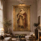 A large framed wall art print depicting a robed historical figure with a long white beard, displayed in an elegant living room with a fireplace, sofa, lamps, and decorative plants.