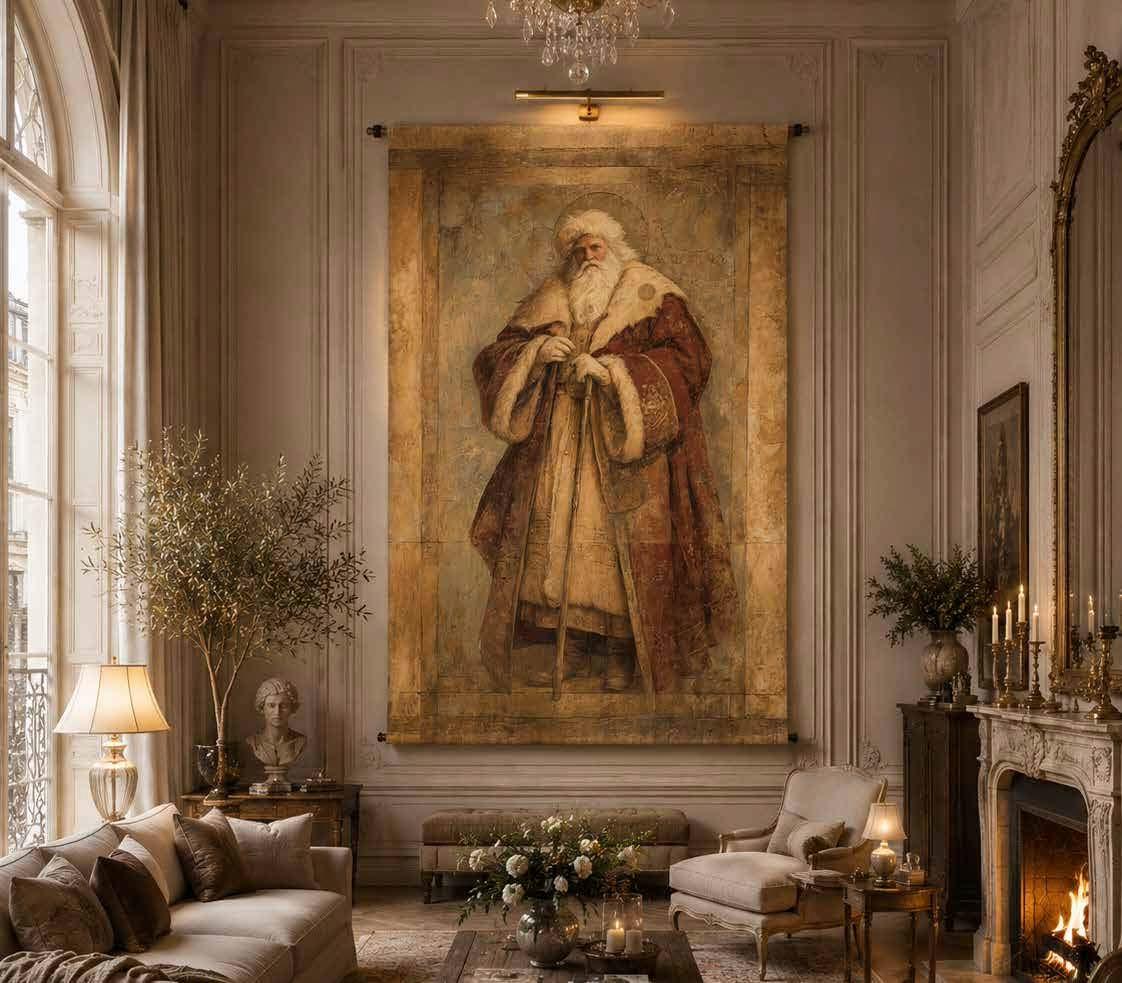 A large framed wall art print depicting a robed historical figure with a long white beard, displayed in an elegant living room with a fireplace, sofa, lamps, and decorative plants.