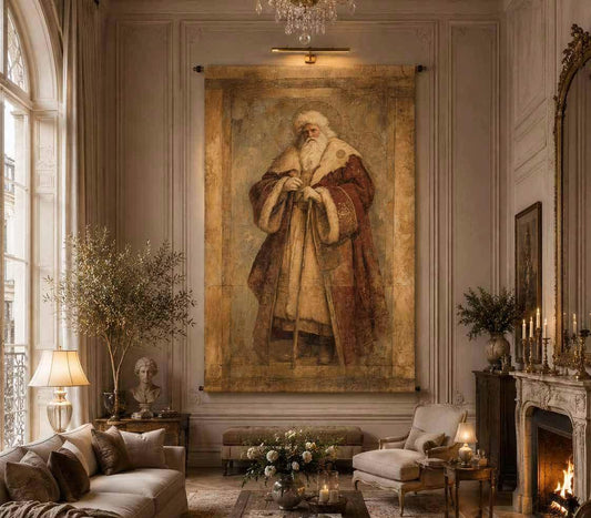 A large framed wall art print depicting a robed historical figure with a long white beard, displayed in an elegant living room with a fireplace, sofa, lamps, and decorative plants.