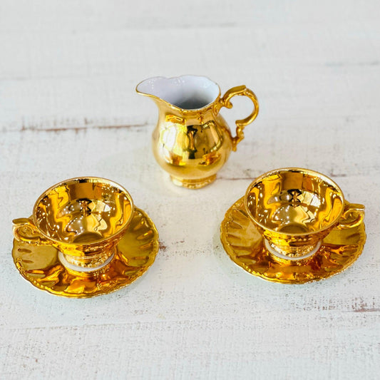 Gold Bavarian Footed Teacups, Saucers, and Pitcher-Teacup and Saucers-tbgypsysoul