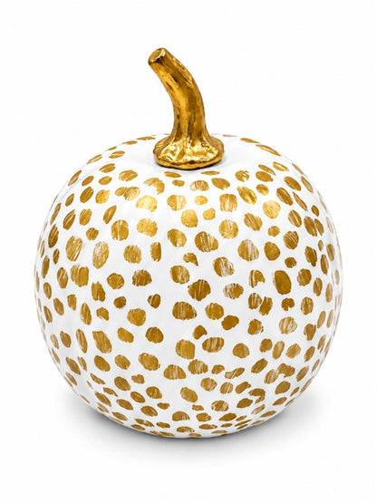 A decorative ceramic pumpkin with a white body covered in hand-painted gold polka dots and a textured gold stem, shown on a clean white background.
