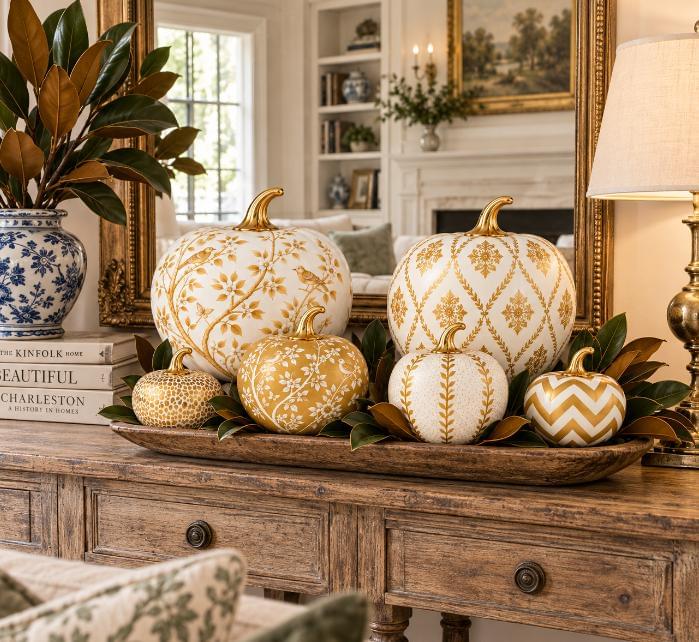 A styled autumn pumpkin decoration set in a wooden tray on a rustic wooden console table, featuring white and gold patterned pumpkins with green leaves, set in a beautifully decorated living room.