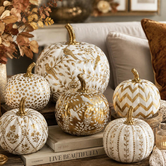 A set of decorative pumpkins in warm autumn tones, featuring white and gold patterns including floral motifs, chevron stripes, and polka dots, styled on books in a cozy living room setting.