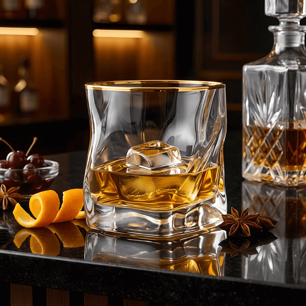 Glass of whiskey with ice cube on a bar counter with a decanter and garnishes.