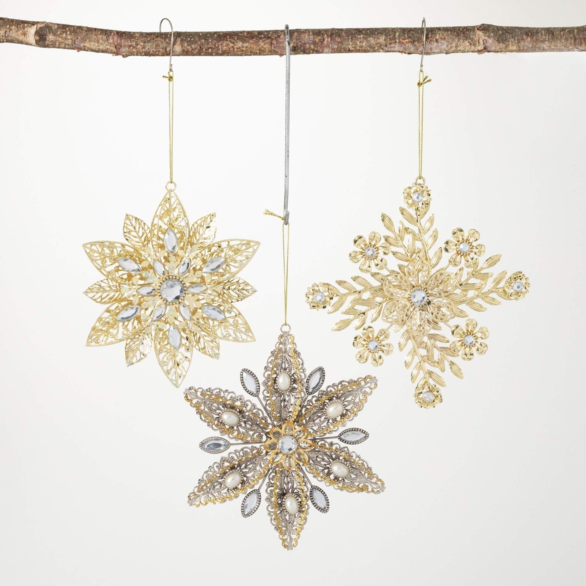 Gold Pearl Snowflake Ornament Set of 3-Christmas Ornament-tbgypsysoul