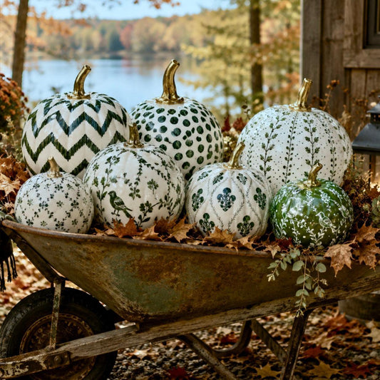 A wheelbarrow filled with decorative pumpkins in autumn colors, set outdoors near a lake with trees and fall leaves in the background.