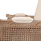 Close up of arm of whitewash oak cane accent chair with cream linen blend cushion and white glove delivery included
