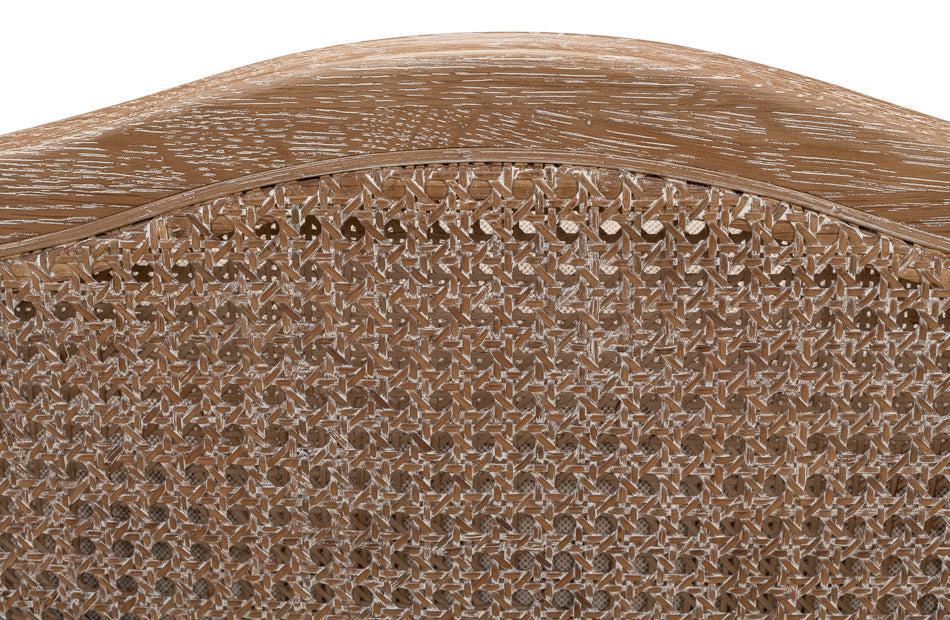 Close up of whitewash oak cane accent chair with cream linen blend cushion and white glove delivery included