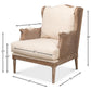 Whitewash oak cane accent chair with cream linen blend cushion and white glove delivery included showing dimensions of the chair. 