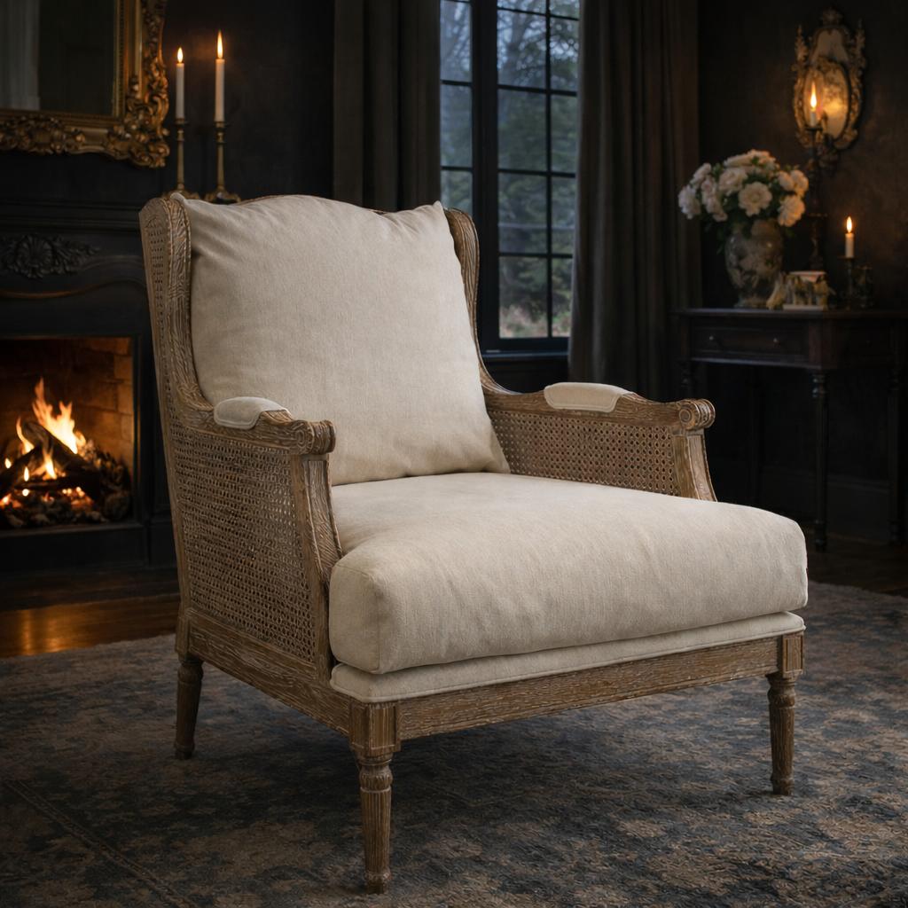 Whitewash oak cane accent chair with cream linen blend cushion and white glove delivery included. 