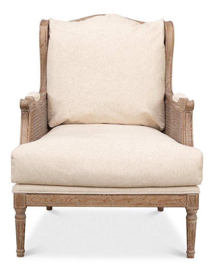 Whitewash oak cane accent chair with cream linen blend cushion and white glove delivery included