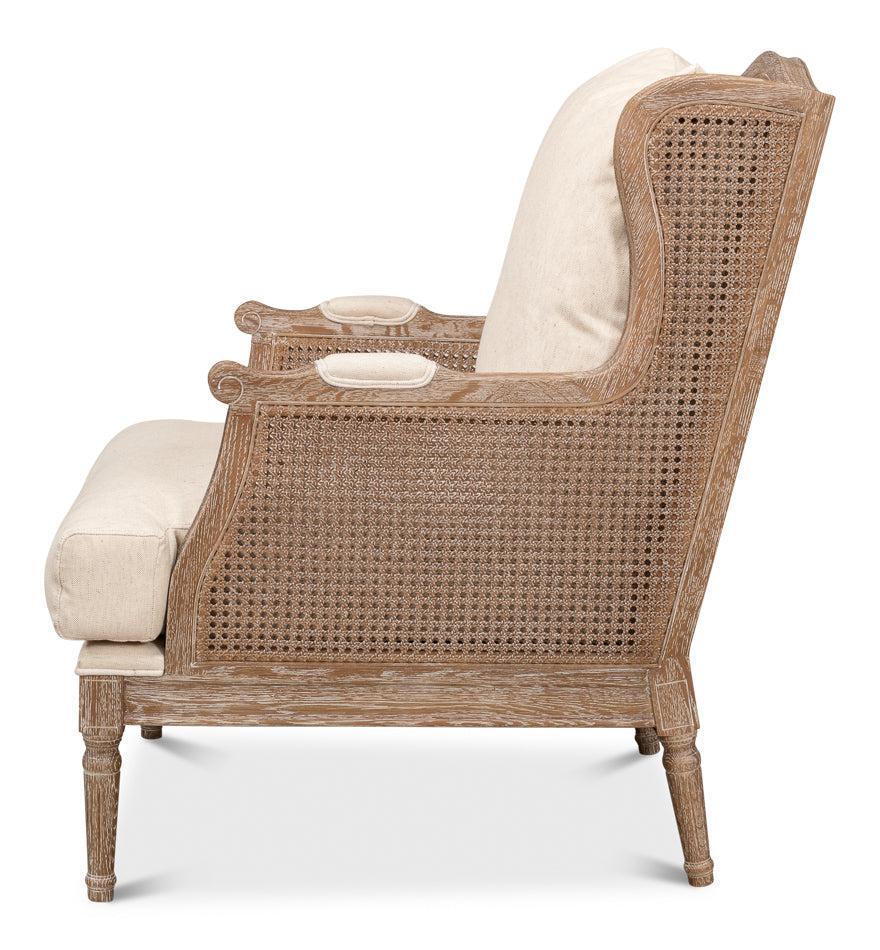 Whitewash oak cane accent chair with cream linen blend cushion and white glove delivery included