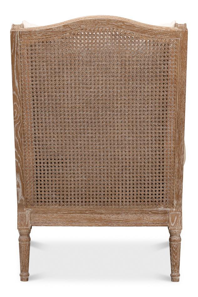 Whitewash oak cane accent chair with cream linen blend cushion and white glove delivery included