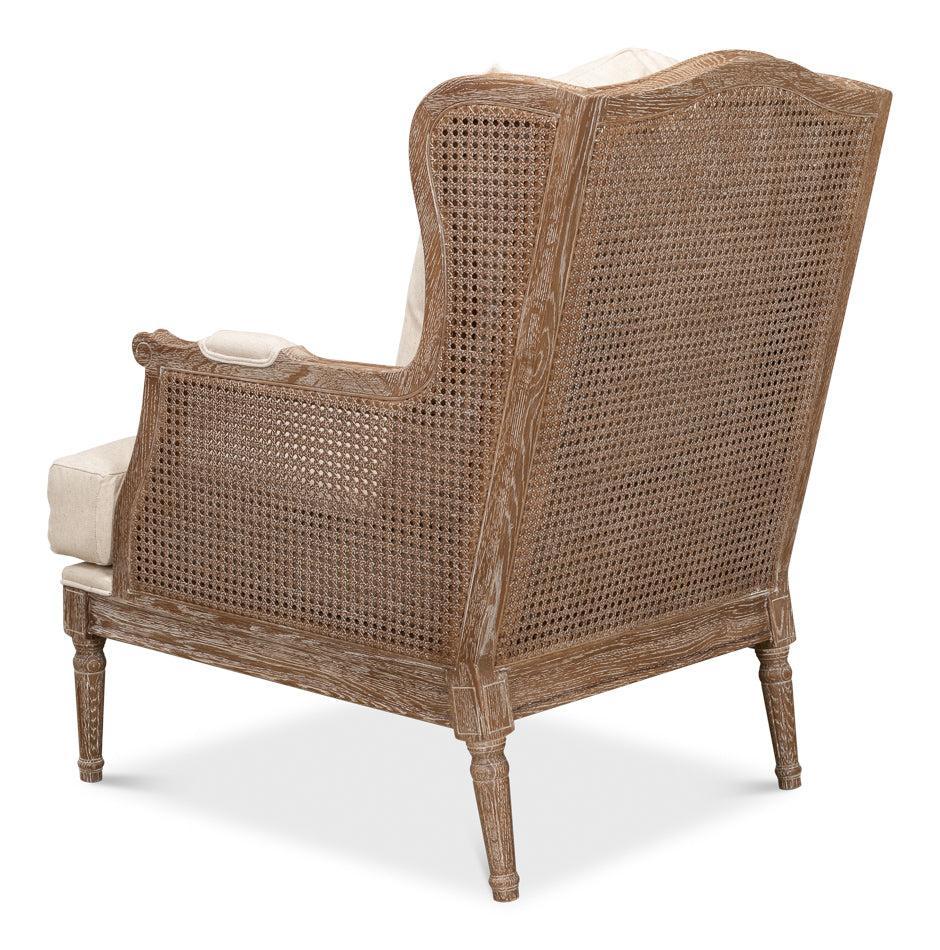 Whitewash oak cane accent chair with cream linen blend cushion and white glove delivery included