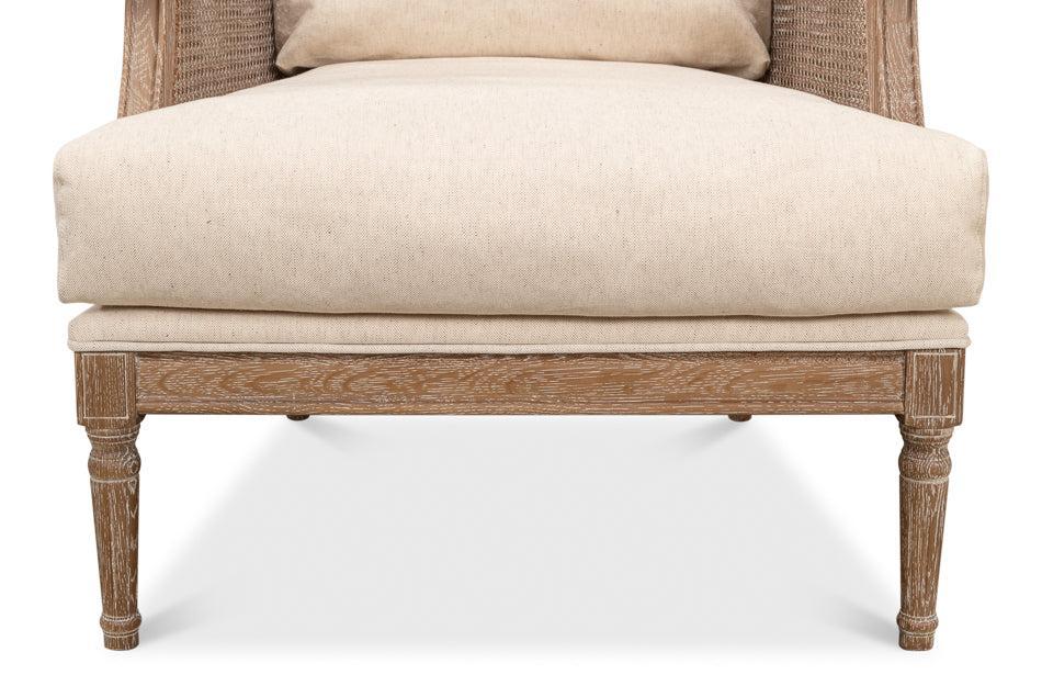 Whitewash oak cane accent chair with cream linen blend cushion and white glove delivery included