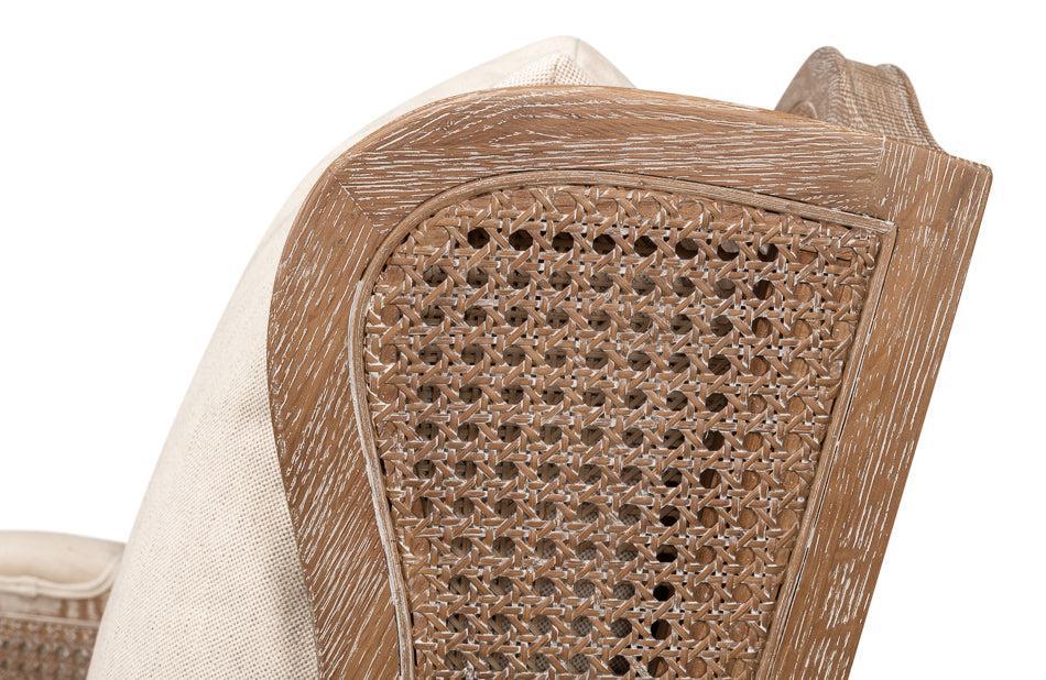 Whitewash oak cane accent chair with cream linen blend cushion and white glove delivery included