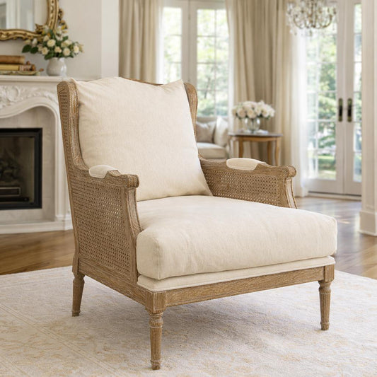 Whitewash oak cane accent chair with cream linen blend cushion and white glove delivery included