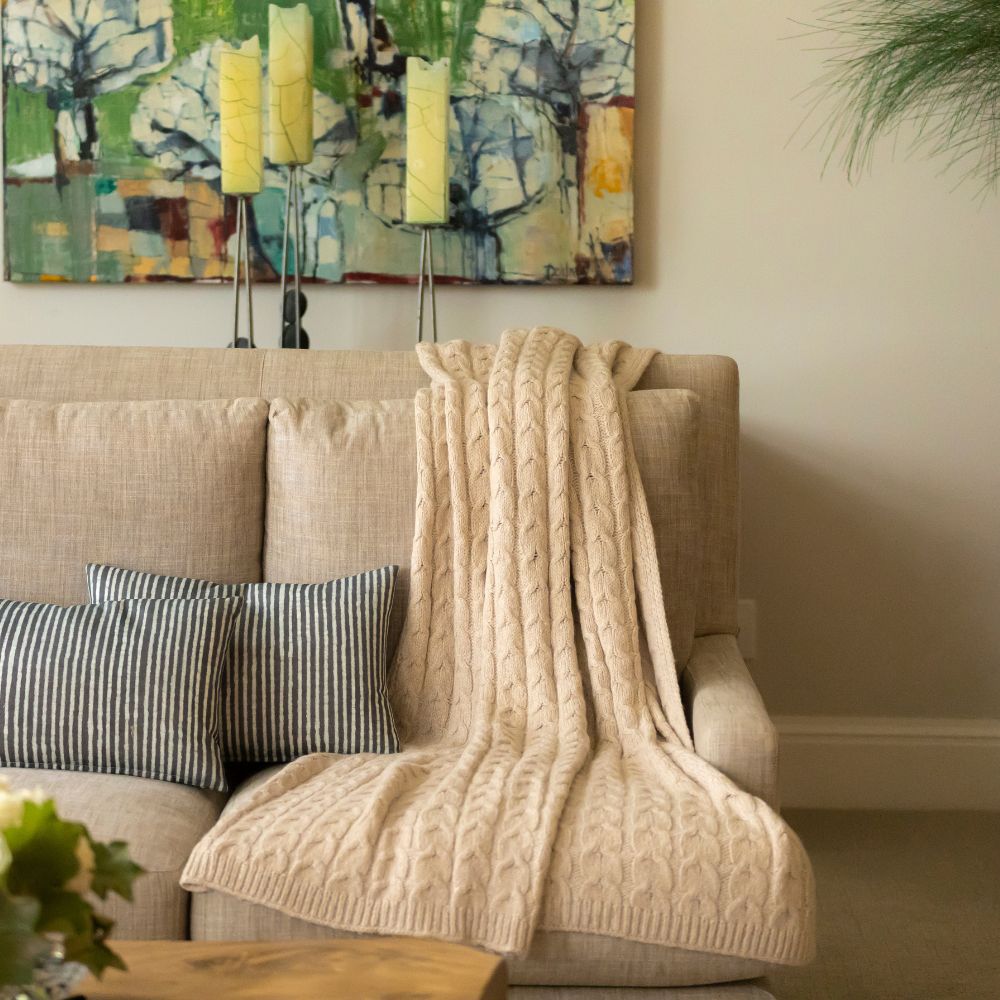 Muru Collection - Pima Cotton & Undyed Baby Alpaca Light Tan Cable Throw-Blanket-tbgypsysoul