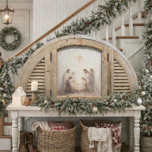 Nativity in Antique Wooden Arched Window Frame-Wall Art-tbgypsysoul