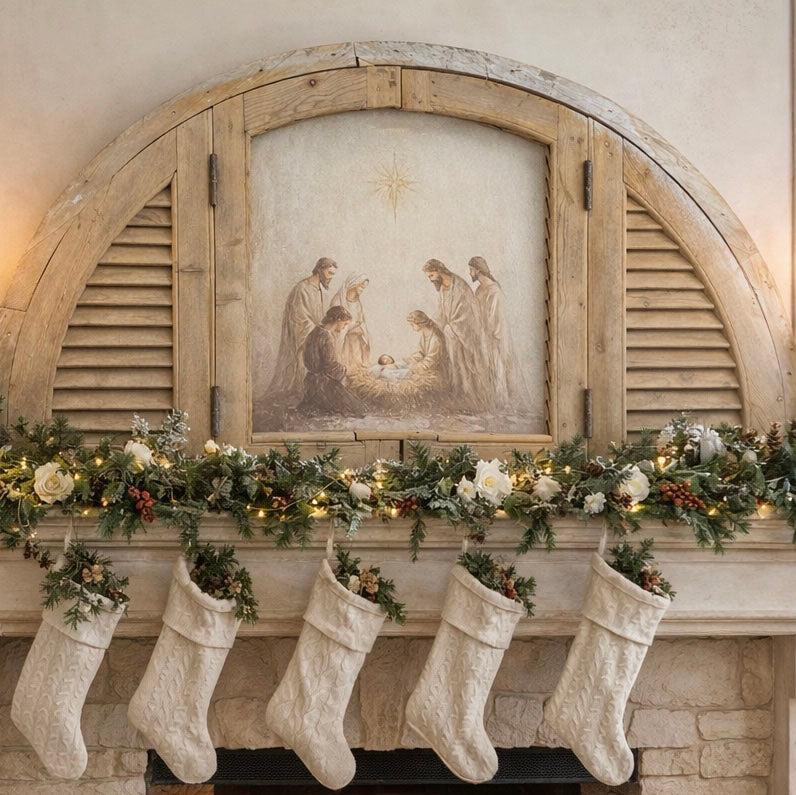 Nativity in Antique Wooden Arched Window Frame-Wall Art-tbgypsysoul