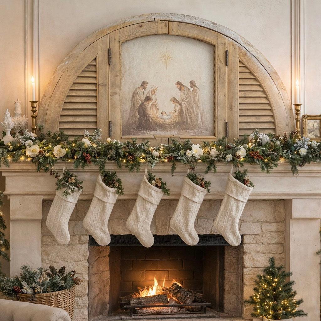 Nativity in Antique Wooden Arched Window Frame-Wall Art-tbgypsysoul