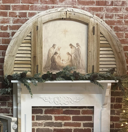 Nativity in Antique Wooden Arched Window Frame-Wall Art-tbgypsysoul