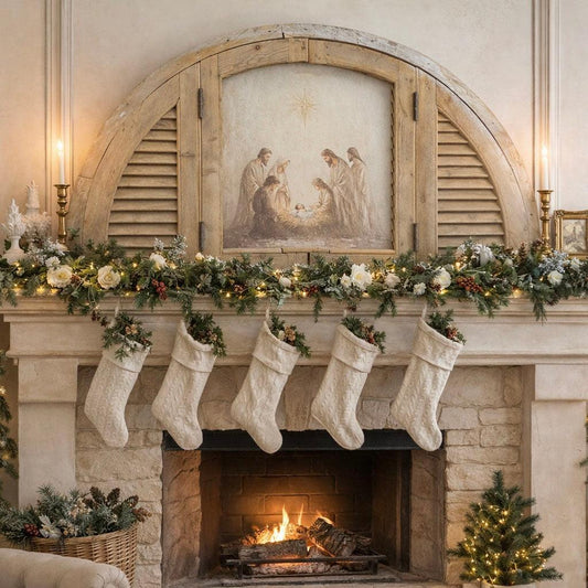 Nativity in Antique Wooden Arched Window Frame-Wall Art-tbgypsysoul