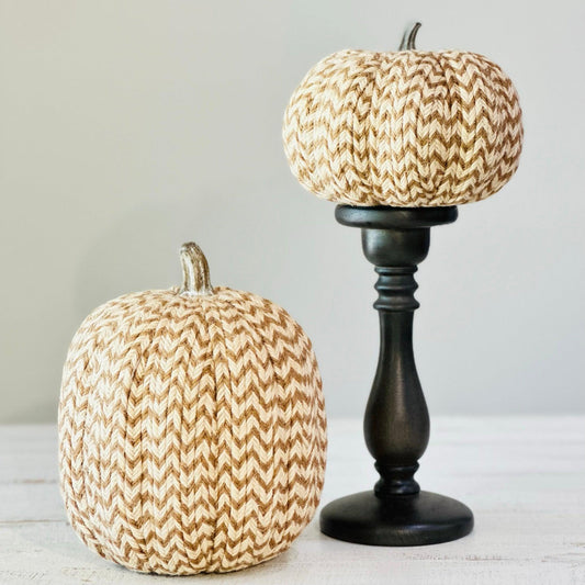 Neutral Chevron Weaved Pumpkins - Set of 2-Decorative Pumpkins-tbgypsysoul